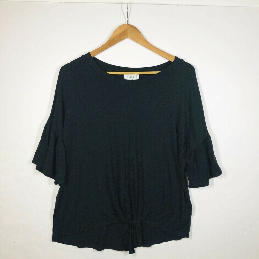 Emelia Women's Solid Black Tie Front Bell Sleeve Top Size Medium Loose Fit